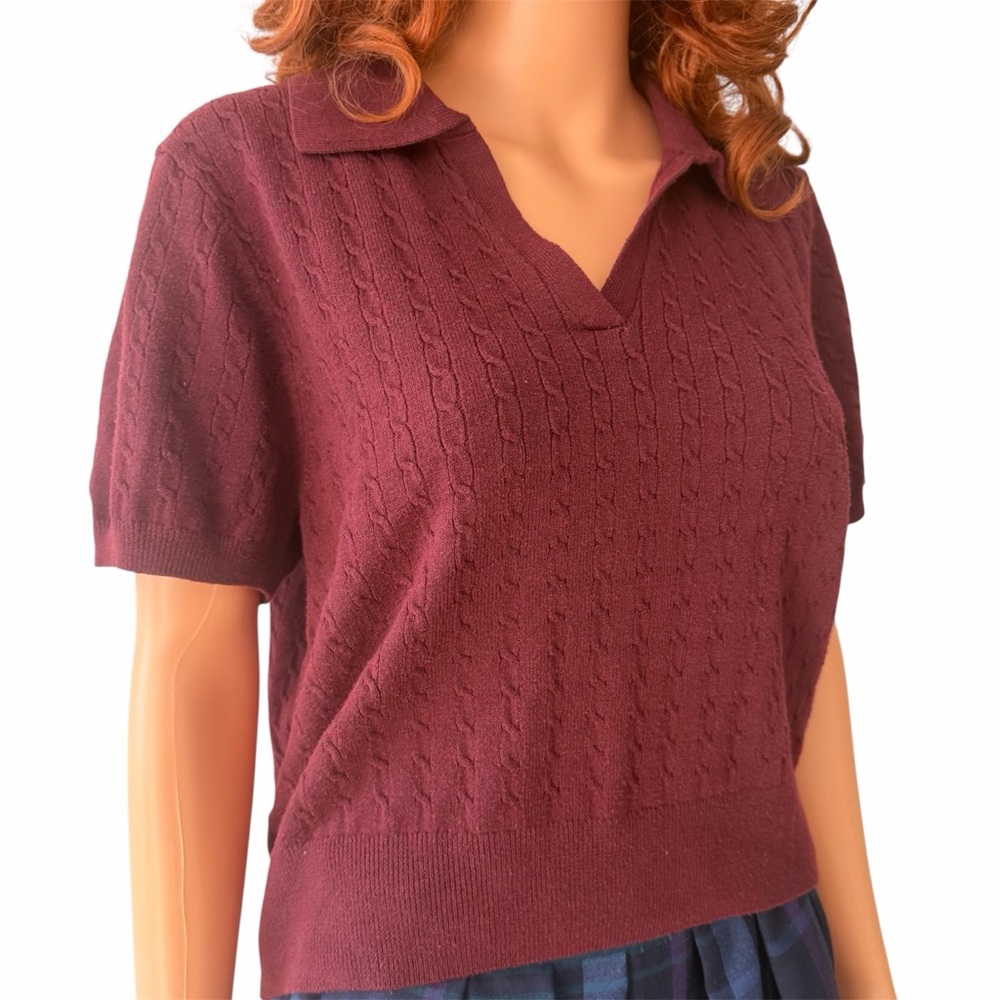 Olive +Oak Burgundy Red Short Sleeve Collared Knit Top Golf Sweater Women's XL